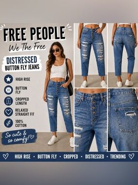 Free People We The Free Distressed Button Fly Jeans High Rise Cropped Size 27